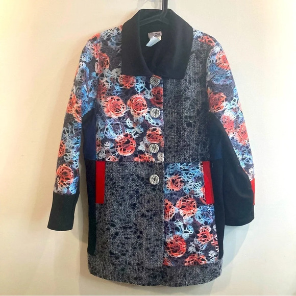 ZOE Sz L Colourful Colour  Block Pattern Unlined Button Closure Pockets Coat - Picture 1 of 12